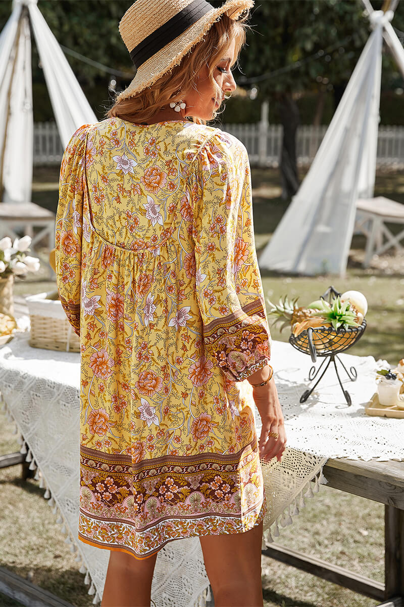 Boho Ditsy Floral Print V Neck Smock ...